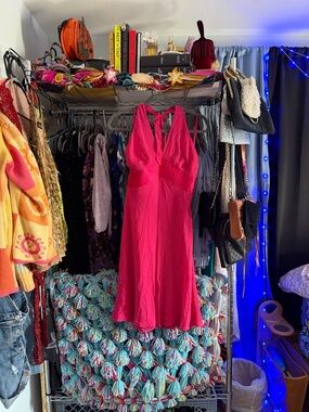 Y2k Silk Bright Pink Halter Mini Dress